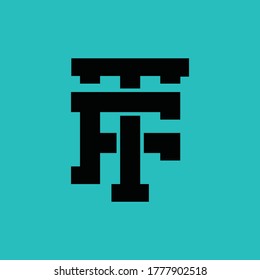 Initial letter F, T, FT or TF overlapping, interlock, monogram logo, black color on blue tosca background
