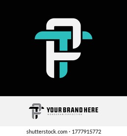 Initial letter F, T, FT or TF overlapping, interlock, monogram logo, white and blue tosca color on black background
