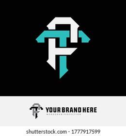 Initial letter F, T, FT or TF overlapping, interlock, monogram logo, white and blue tosca color on black background