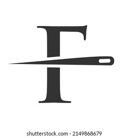 Letra inicial F Logotipo sastre, combinación de aguja y hilo para bordado, textil, de moda, de tela, plantilla de tela