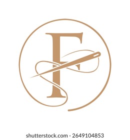 Letra inicial F logotipo alfaiate, agulha e logotipo de linha para vestuário, bordado, têxtil, moda, pano, sinal de tecido