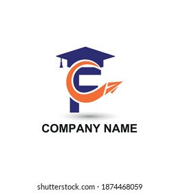 Initial letter F with toga hat  graduation gown and paper plane flying around for education academy logo concept 
