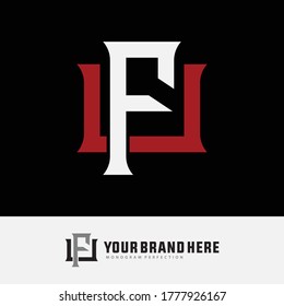 Initial letter F, U, FU or UF overlapping, interlock, monogram logo, white and red color on black background