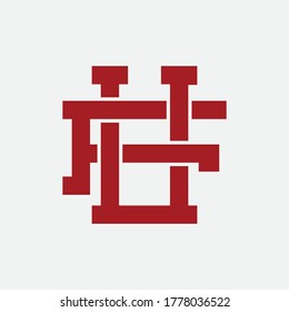 Initial letter F, U, FU or UF overlapping, interlock, monogram logo, red color on white background