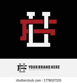 Initial letter F, U, FU or UF overlapping, interlock, monogram logo, white and red color on black background