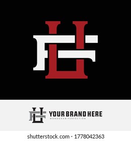 Initial letter F, U, FU or UF overlapping, interlock, monogram logo, white and red color on black background