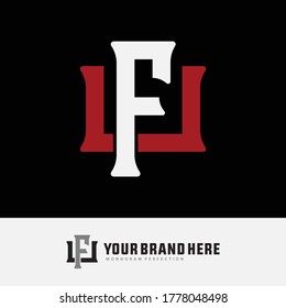 Initial letter F, U, FU or UF overlapping, interlock, monogram logo, white and red color on black background