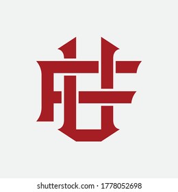 Initial letter F, U, FU or UF overlapping, interlock, monogram logo, red color on white background