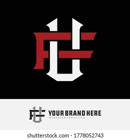 Initial letter F, U, FU or UF overlapping, interlock, monogram logo, white and red color on black background