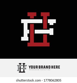 Initial letter F, U, FU or UF overlapping, interlock, monogram logo, white and red color on black background