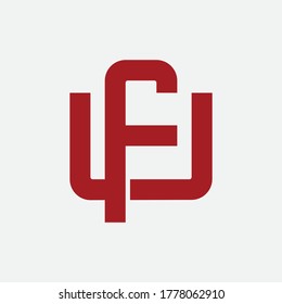 Initial letter F, U, FU or UF overlapping, interlock, monogram logo, red color on white background