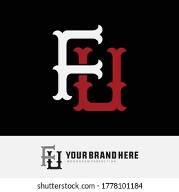 Initial letter F, U, FU or UF overlapping, interlock, monogram logo, white and red color on black background