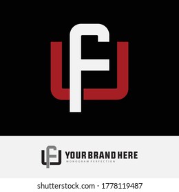 Initial letter F, U, FU or UF overlapping, interlock, monogram logo, white and red color on black background