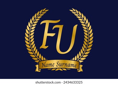 Initial letter F and U, FU monogram logo design with laurel wreath. Luxury golden emblem with calligraphy font.