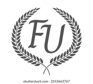 Initial letter F and U, FU monogram logo design with laurel wreath. Luxury calligraphy font.