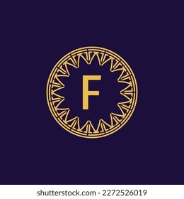 initial letter F unique ancient medallion circle emblem frame logo