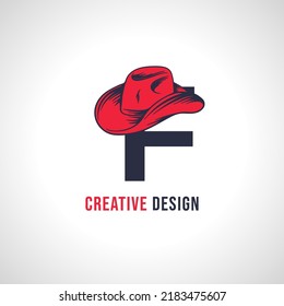 Initial Letter F Vector Logo Design with Red Cowboy Hat