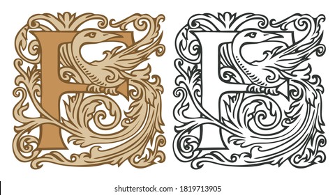 Initial letter F with vintage Baroque decorations. Two vector uppercase letters F in beige and black-white colors. Beautiful filigree capital letter to use for monogram, logo, emblem, card, invitation