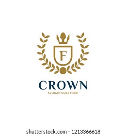 Initial Letter F Vintage Logo Design with Crown, Shield adn Wheat Illustration