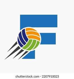 Initial Letter F Volleyball Logo Concept With Moving Volley Ball Icon. Volleyball Sports Logotype Symbol Vector Template