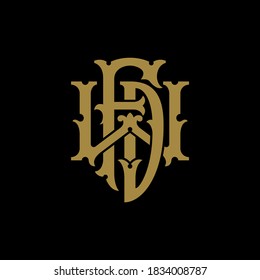 Initial letter F, W, D, FWD, FDW, WDF, WFD, DFW or DWF overlapping, interlock, monogram logo, gold color on black background