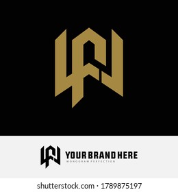 Initial letter F, W, FW or WF overlapping, interlock, monogram logo, gold color on black background