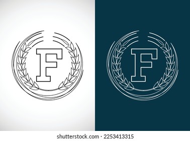 Initial letter F with wheat wreath. Organic wheat farming logo design concept. Agriculture logo.