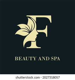 Initial Letter F With Woman Female Face and Leaves for Beauty Spa Cosmetic Salon and natural Skin care Business Logo Concept Design