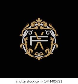 Initial letter F and X, FX, XF, decorative ornament emblem badge, overlapping monogram logo, elegant luxury silver gold color on black background