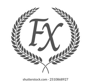 Initial letter F and X, FX monogram logo design with laurel wreath. Luxury calligraphy font.