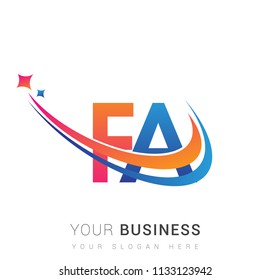 initial letter FA logotype company name colored orange, red and blue swoosh star design. vector logo for business and company identity.