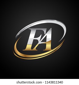 initial letter FA logotype company name colored gold and silver swoosh design. isolated on black background.