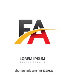 initial letter FA logotype company name colored red, black and yellow swoosh design. isolated on white background.
