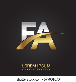 initial letter FA logotype company name colored gold and silver swoosh design. isolated on black background.