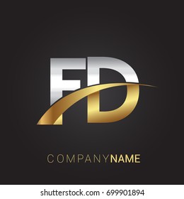 initial letter FD logotype company name colored gold and silver swoosh design. isolated on black background.