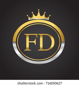 initial letter FD logotype company name with oval shape and crown, gold and silver color. vector logo for business and company identity.