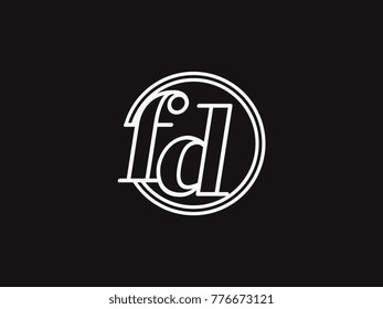 Initial letter fd lowercase outline inside the circle logo template white on black background