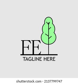 Initial letter FE with green tree logo. Minimal, simple and unique.