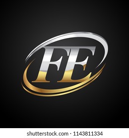 initial letter FE logotype company name colored gold and silver swoosh design. isolated on black background.