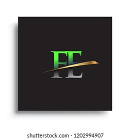 initial letter FE logotype company name colored green and gold swoosh design. vector logo for business and company