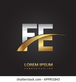 initial letter FE logotype company name colored gold and silver swoosh design. isolated on black background.