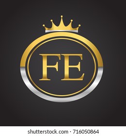 initial letter FE logotype company name with oval shape and crown, gold and silver color. vector logo for business and company identity.