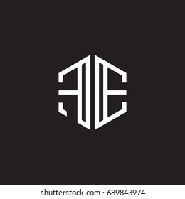 Initial letter FE, minimalist line art monogram hexagon shape logo, white color on black background