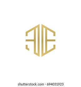 Initial letter FE, minimalist line art hexagon shape logo, gold color