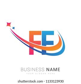 initial letter FF logotype company name colored orange, red and blue swoosh star design. vector logo for business and company identity.