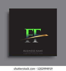 initial letter FF logotype company name colored green and gold swoosh design. vector logo for business and company