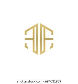 Initial letter FF mirror, minimalist line art hexagon shape logo, gold color