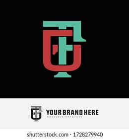 Initial letter FG and GF overlapping, interlock, monogram logo, red and blue tosca color on black background