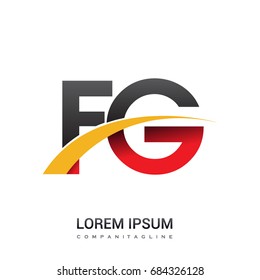 initial letter FG logotype company name colored red, black and yellow swoosh design. isolated on white background.

