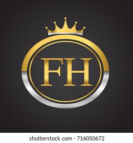 initial letter FH logotype company name with oval shape and crown, gold and silver color. vector logo for business and company identity.